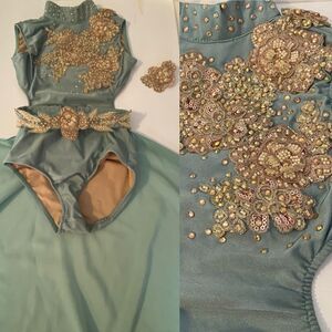Glamour solo dance costume custom sage green gold rhinestone lyrical SC child